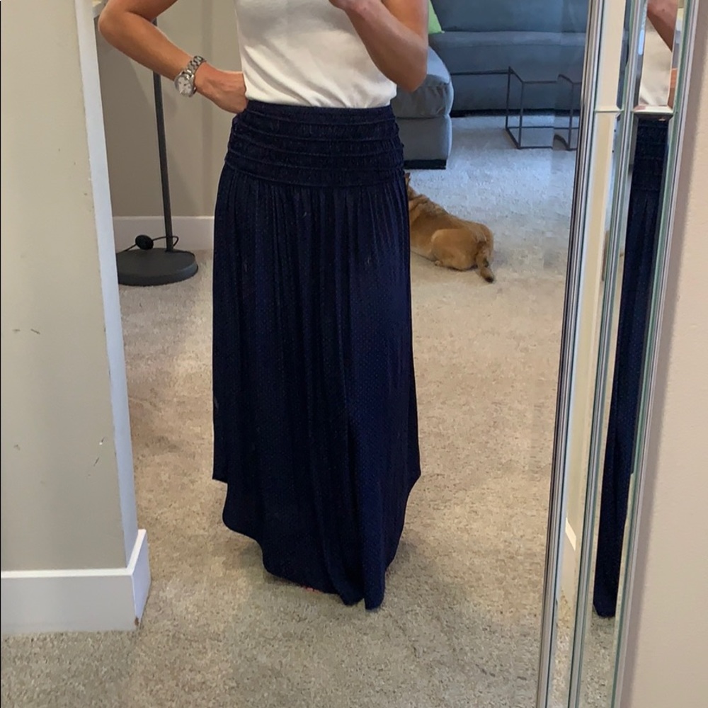 William B XS Navy Flowy Long Skirt w polka dots
